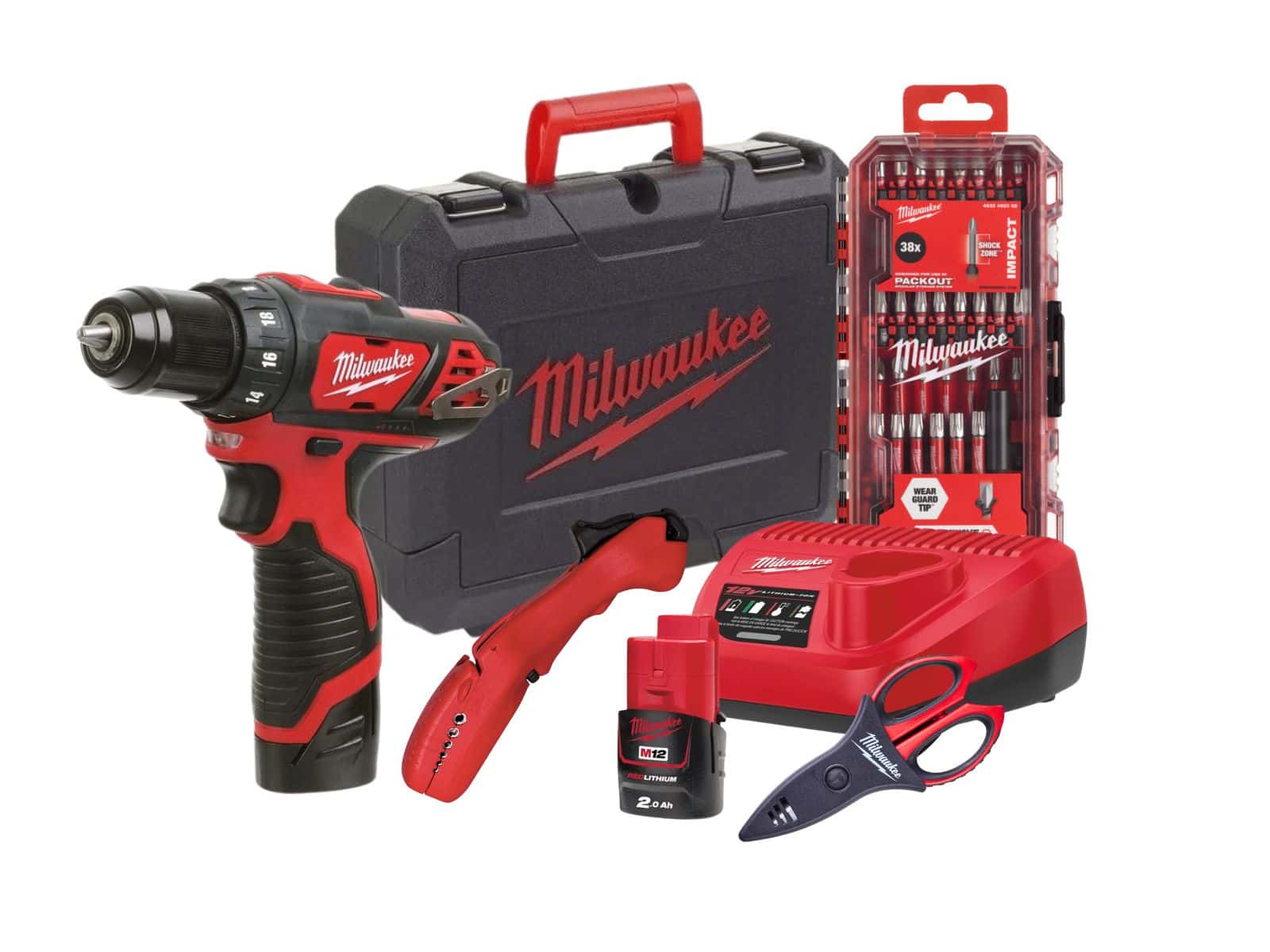 Pachet promotioal Milwaukee pentru Electricieni : Masina de gaurit, acumulator M12, incarcator, set biti, foarfeca, dezizolator, 4933479439-PROMO