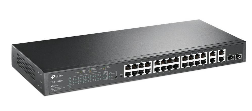 Switch PoE 30 porturi TP-Link Jetstream TL-SL2428P, 24x 10/100Mbps, 4x RJ45 Gb, 2x SFP combo, 250W, cu management