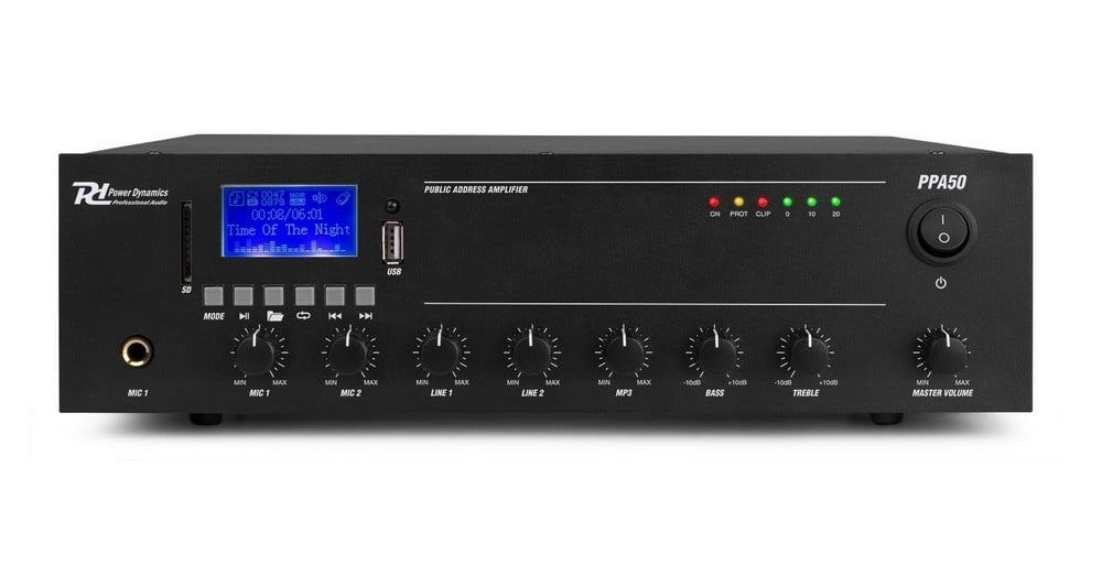 Amplificator sonorizare PA 100V, 50W, 8 Ohm, 2x intrari microfon jack, 2x intrari linie RCA, Control Bass, Egalizator incorporat, PPA50