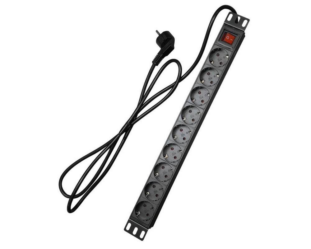 Priza rackabila cu 9 posturi SCHUKO cu intrerupator 1U, 250VAC 16A, negru, Safer PDU-9P1U-SWITCH