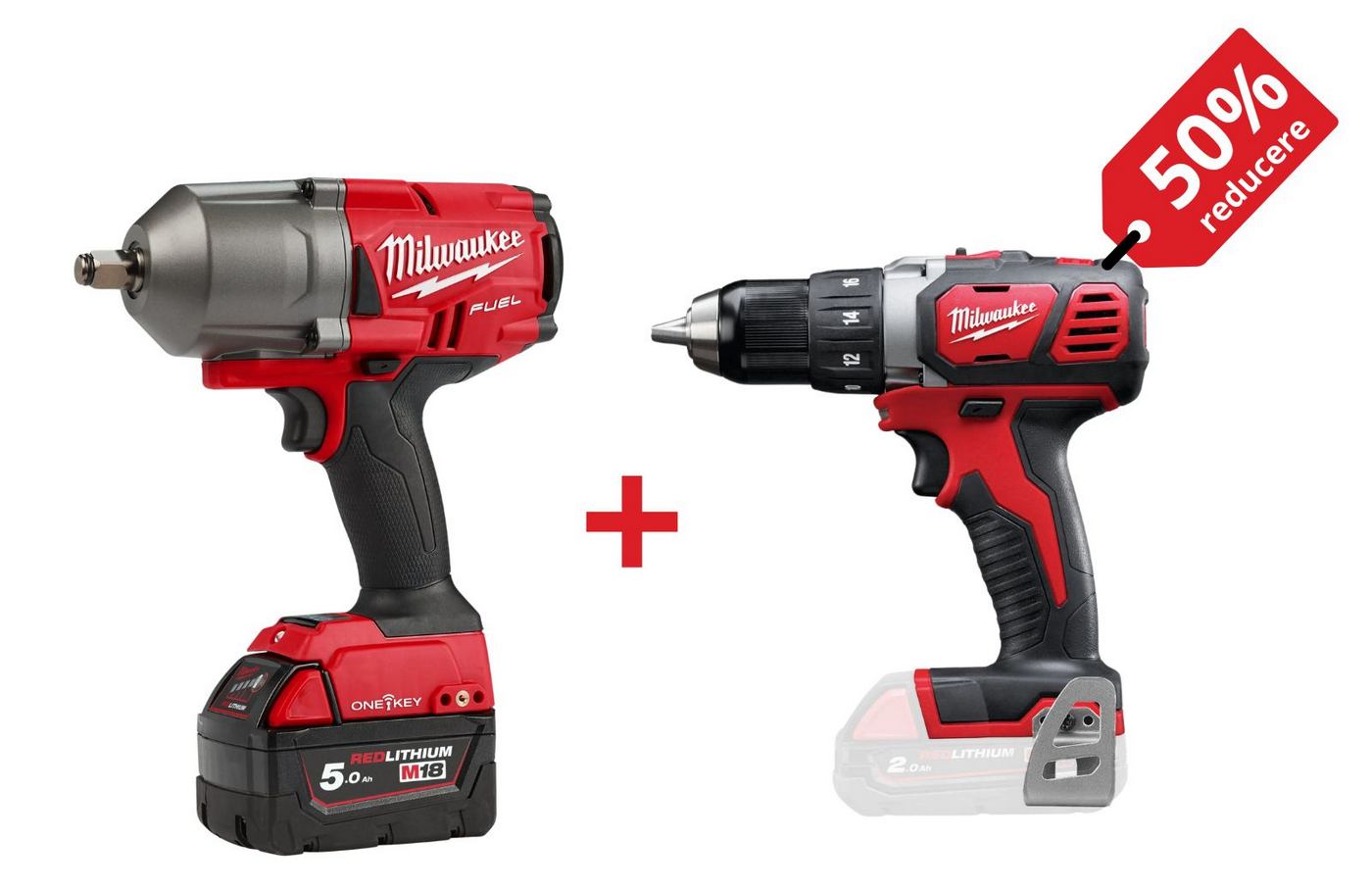 PROMO: Kit cheie de impact 1/2 inch Milwaukee M18 ONEFHIWF12, 1356Nm + Masina de gaurit compacta M18, 50 Nm, mandrina 13mm, 4933459727-PROMO
