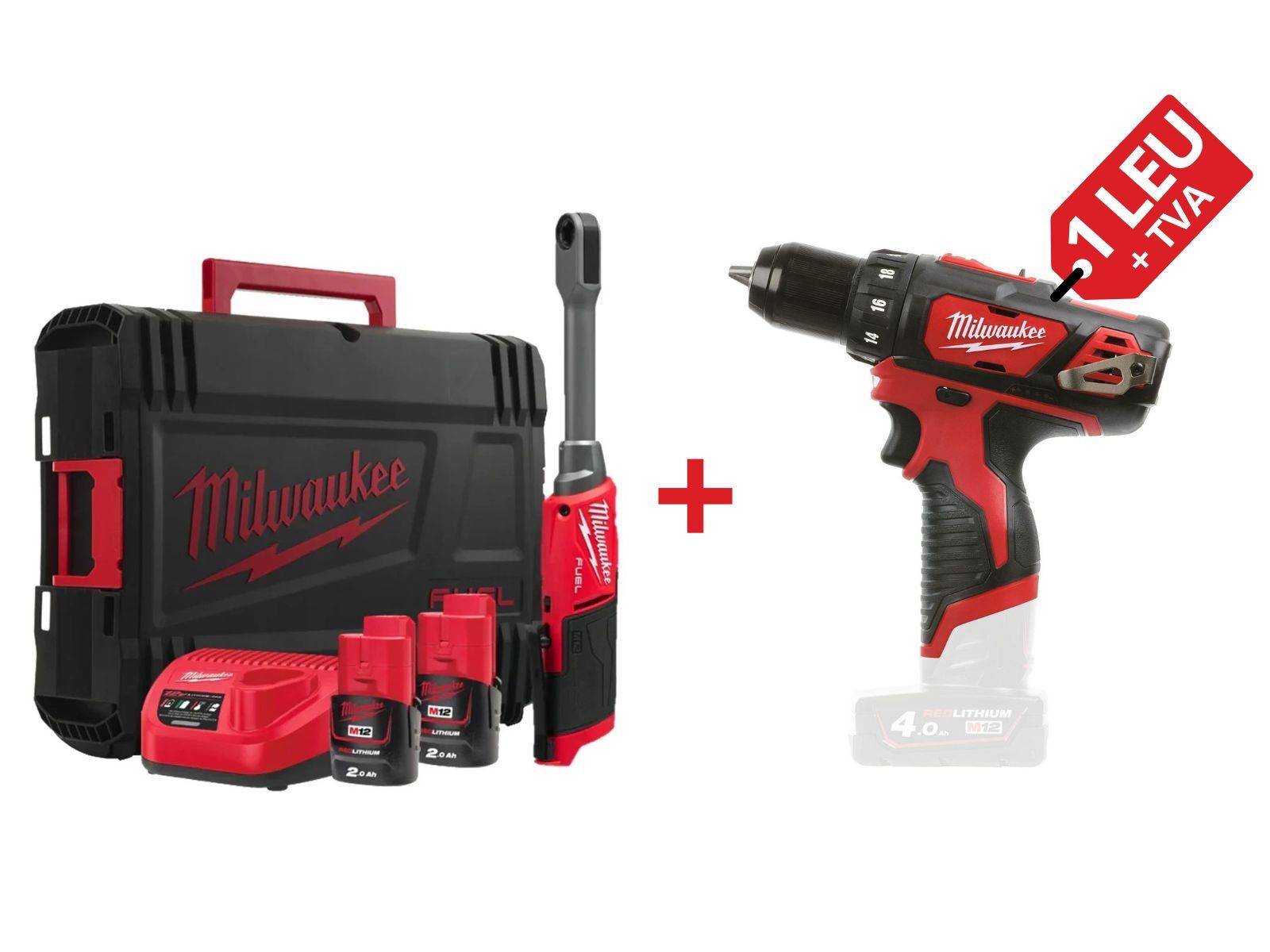 PROMO: Kit cheie cu clichet electrica Milwaukee, 80 Nm, cu 2 acumulatori M12 + Masina de gaurit subcompacta M12, 30Nm, 4933499411-PROMO