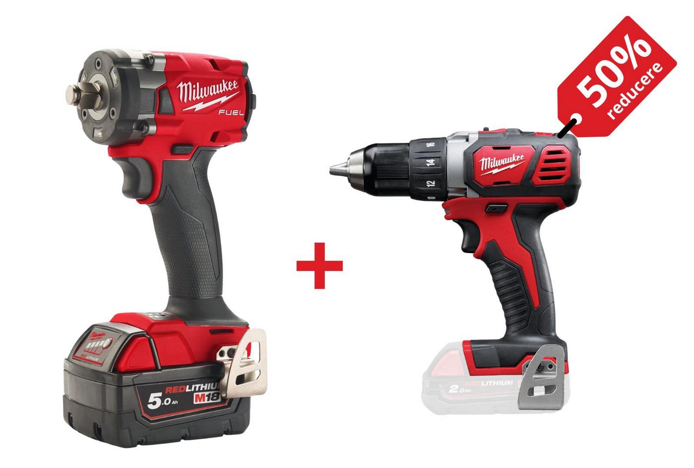 PROMO: Kit cheie de impact 1/2 inch Milwaukee M18 FIW2F12, 339Nm + Masina de gaurit compacta M18, 50 Nm, mandrina 13mm, 4933478444-PROMO