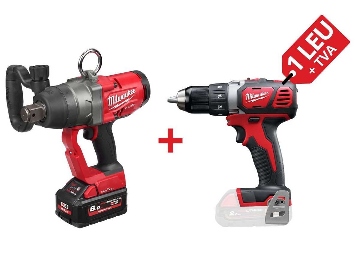 PROMO: Kit cheie de impact 1inch Milwaukee M18 ONEFHIWF1-802X, 2400Nm, surub M42 + Masina de gaurit compacta M18, 50 Nm, mandrina 13mm, 4933499254-PROMO