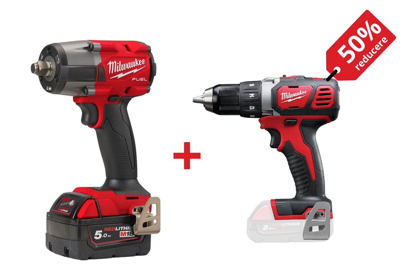 PROMO: Kit cheie de impact cu acumulator Milwaukee M18 FMTIW2F12-502X, cuplu 745 Nm + Masina de gaurit compacta M18, 50 Nm, mandrina 13mm, 4933478450-PROMO