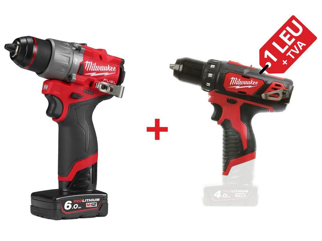 PROMO: Kit masina de gaurit cu percutie Milwaukee M12 B6 FUEL, 12V, 45 Nm + Masina de gaurit subcompacta M12, 30Nm, 4933479870-PROMO