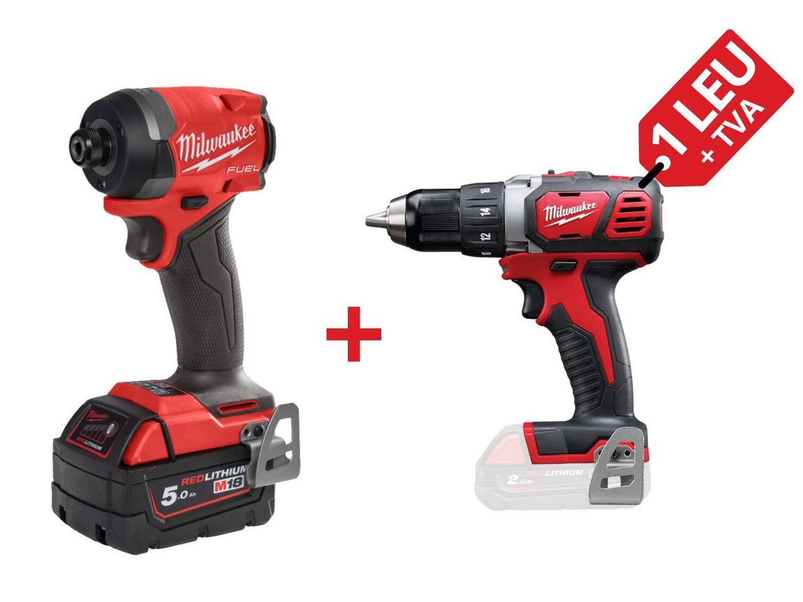PROMO: Kit masina de insurubat cu impact Milwaukee M18, 226 Nm, 1/4 inch Hex + Masina de gaurit compacta M18, 50 Nm, mandrina 13mm, 4933479865-PROMO