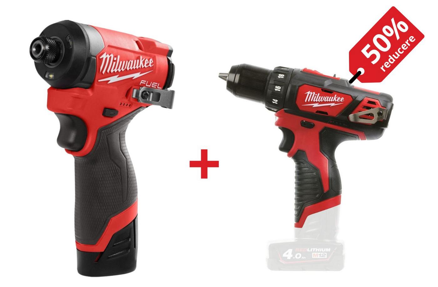 PROMO: Kit masina de insurubat cu impact HEX M12 FUEL Milwaukee + Masina de gaurit subcompacta M12, 30Nm, 4933479877-PROMO