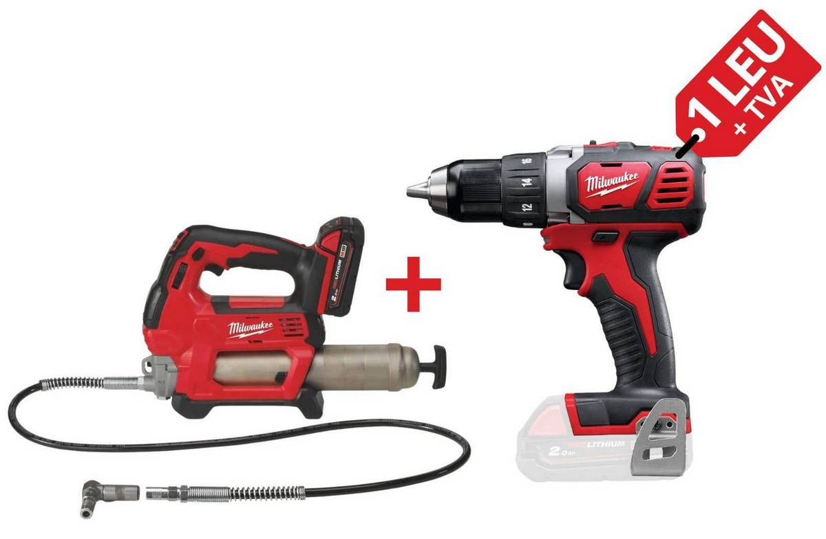 PROMO: Kit pistol pentru gresare Milwaukee, M18, motor 18V, presiune 690 bari + Masina de gaurit compacta M18, 50 Nm, mandrina 13mm, 4933440490-PROMO