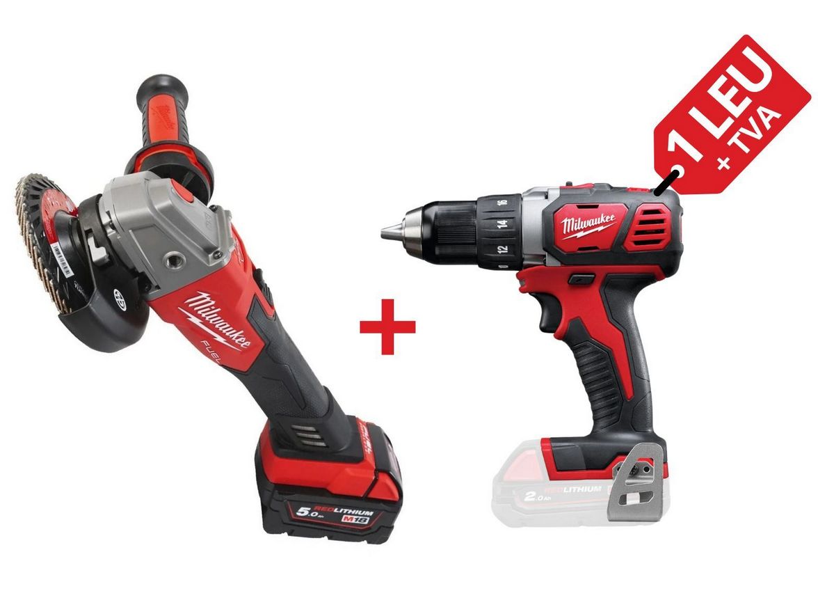 PROMO: Kit polizor unghiular cu acumulator Milwaukee M18 FSAG125XB-502X, 125mm + Masina de gaurit compacta M18, 50 Nm, mandrina 13mm, 4933478430-PROMO