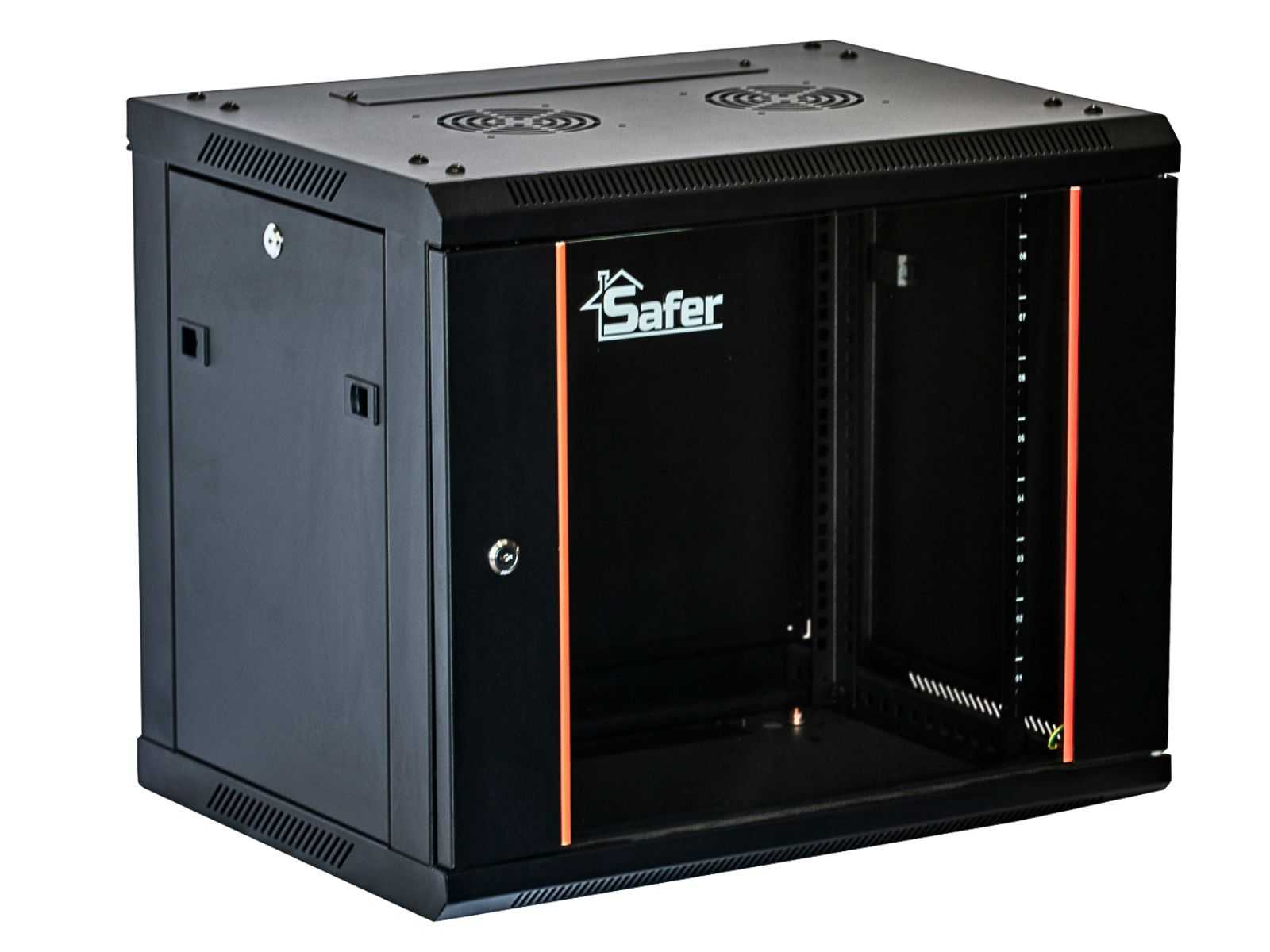 Rack 9U Safer, 19 inch, 600x600 mm, negru, structura otel, usa sticla securizata, 80 kg, panouri laterale detasabile, SAF-WS80-6609