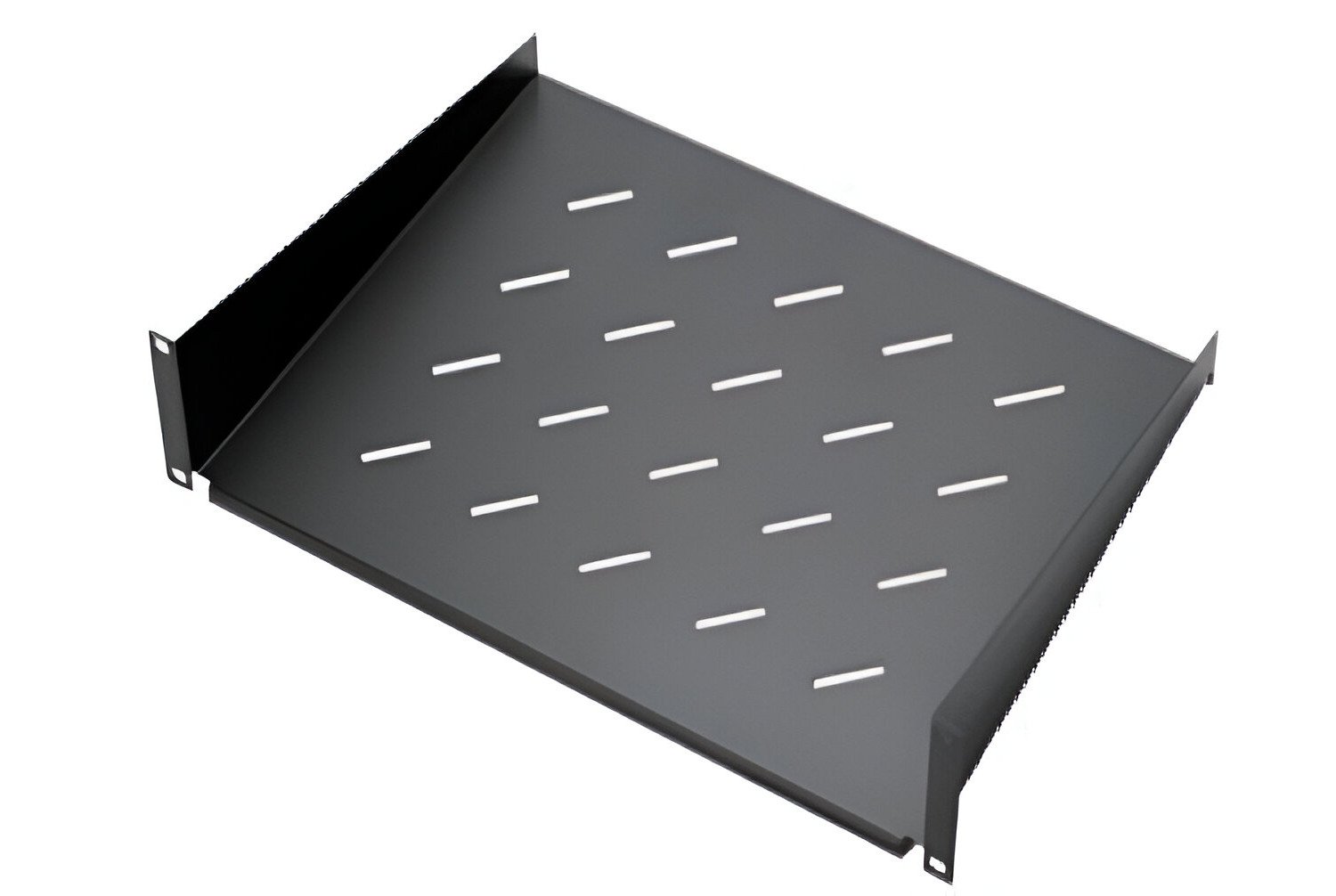 Raft fix 2U pentru rack 19 inch, capacitate 20 kg, otel laminat, prindere cu urechi, negru, SAF-FIX350-RK6002U