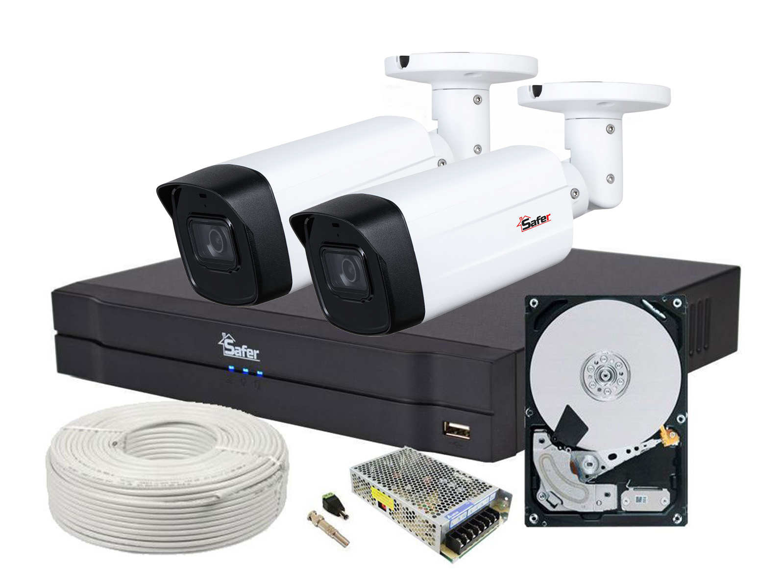 Kit supraveghere video 2 camere, complet, FULL HD, IR 80m, 3.6 mm, 1 x HDD SAF-2XEXTFHDIR30