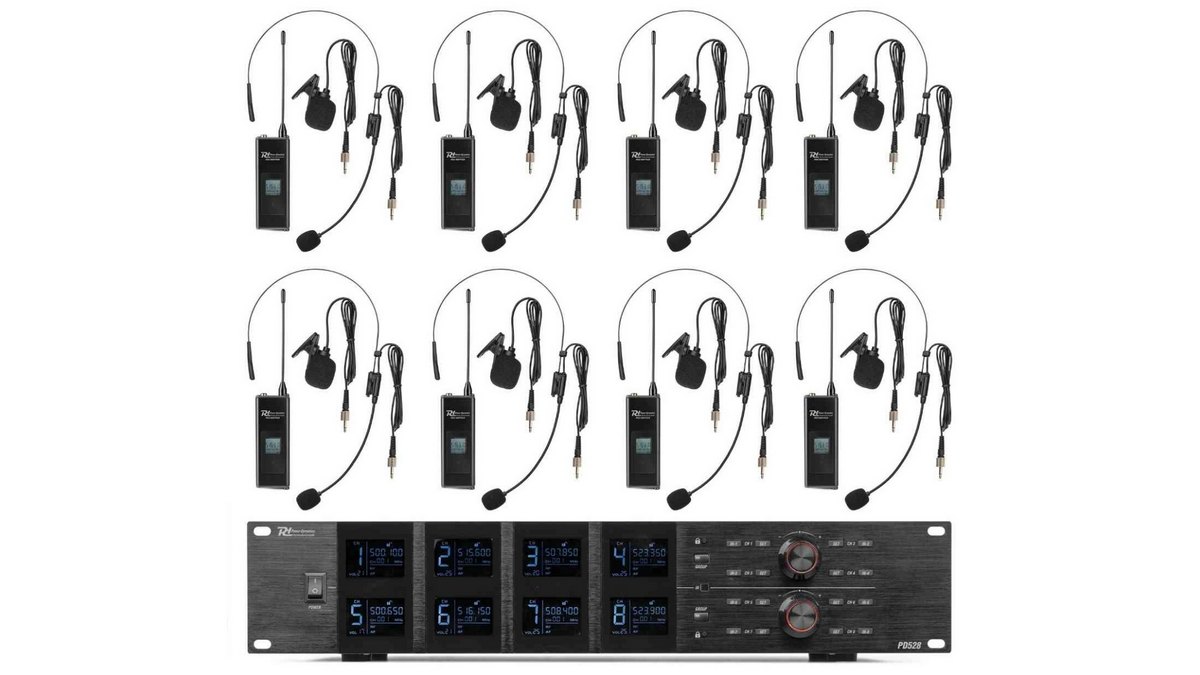 Set 8 microfoane lavaliera wireless UHF Power Dynamics PD528B, 8x100 canale, 500-530 MHz, receptor LCD, acumulatori reincarcabili, carcasa transport