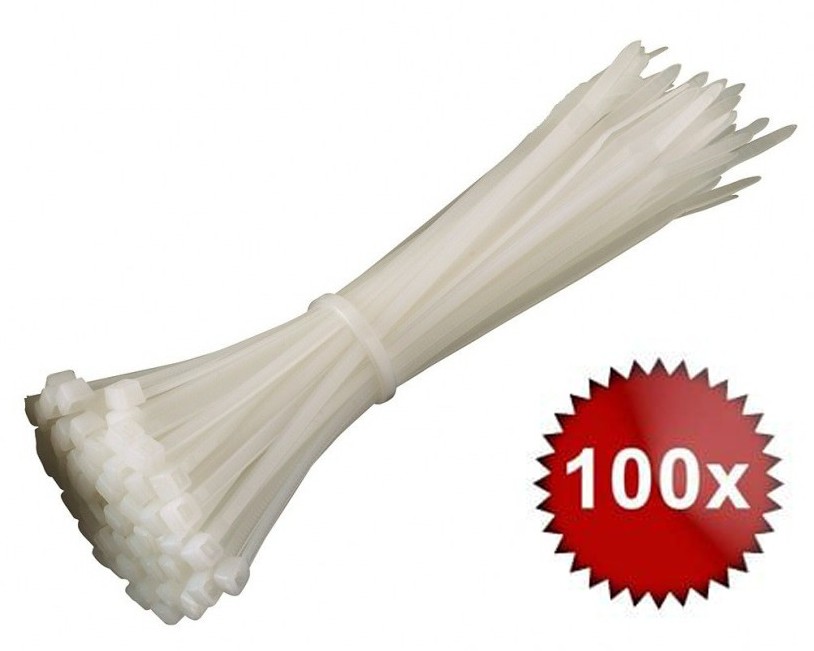 Set 100 buc Coliere de plastic de tip Fasete / Soricei, 150x3.5mm, V-Tac, Alb, SKU-11165