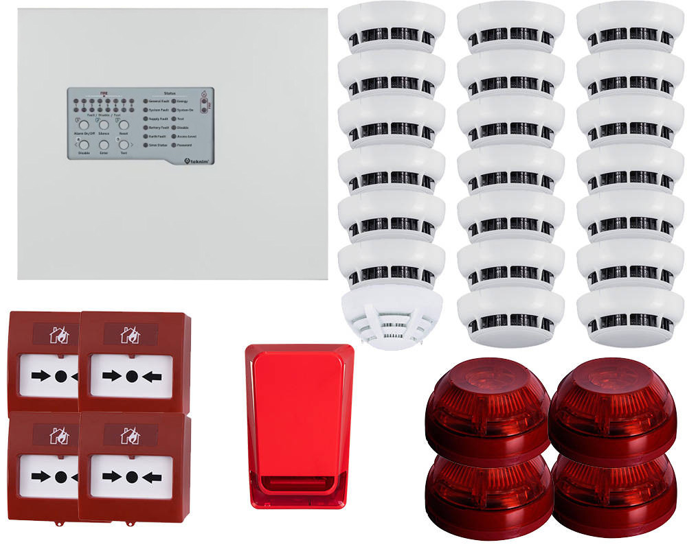 Sistem detectie incendiu conventional, 20 senzori de fum, detector gaz, sirena interior/exterior, Teknim, KITCONVTEKX20