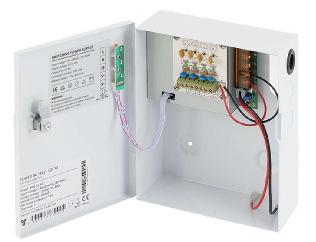 Sursa de alimentare CCTV cu back-up, 12V 3A, 4 iesiri, YPS-12-4-3
