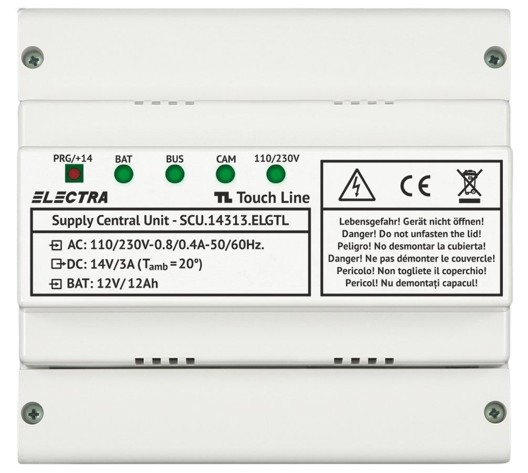 Sursa de alimentare pentru videointerfon Electra, multi-familial, 14V, carcasa ABS, montaj sina DIN, SCU.14313.ELGTL