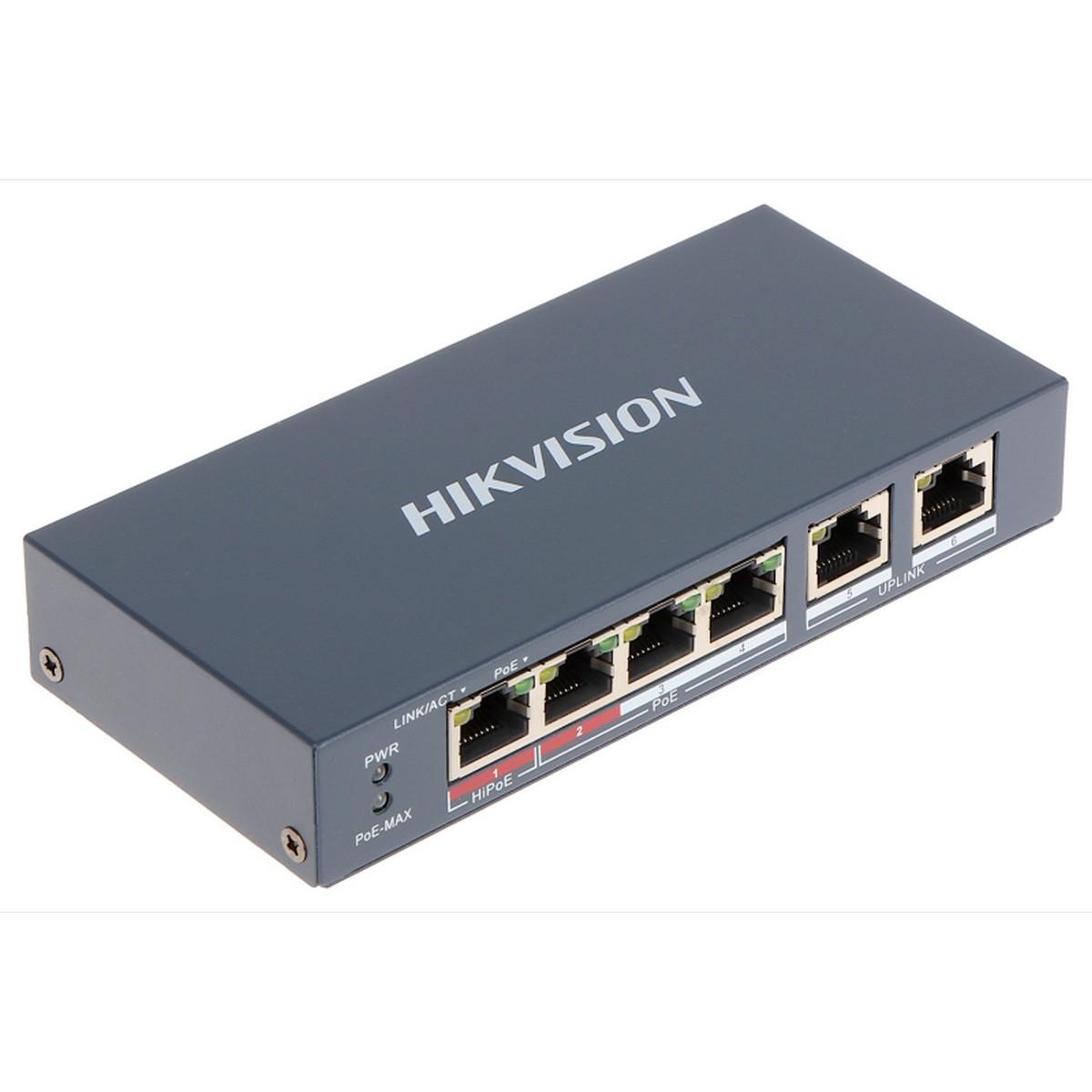 Switch 4 porturi PoE+, 2 porturi uplink, Hikvision DS-3E0106HP-E