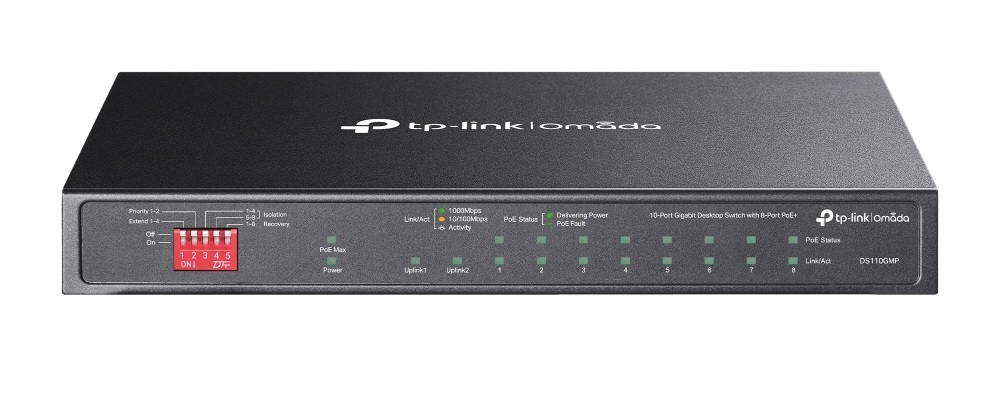 Switch 10 porturi Gigabit Omada Tp-Link DS110GMP, 8 porturi PoE+, 1 port SFP/RJ45, 123W, Plug and play