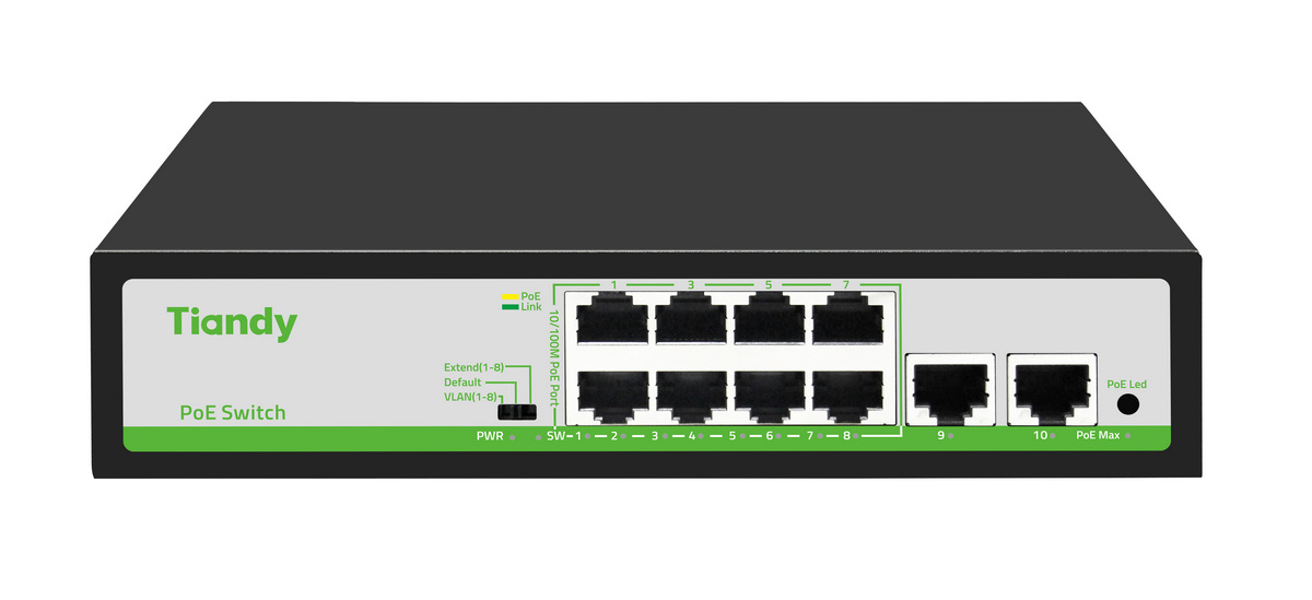 Switch 10 porturi Tiandy TC-P3S010-F0820AT90, 8x PoE, 2x RJ45, putere PoE 90W, 2Gbps, protectie supratensiune