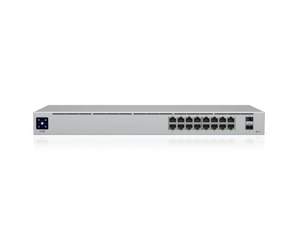 Switch 18 porturi, Ubiquiti USW-16-POE, 16x porturi PoE Gigabit RJ45, 2 porturi SFP Gigabit, 42W, management, montare in rack