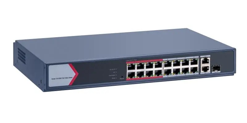 Switch PoE, Hikvision DS-3E1318P-EI-M, 18 porturi, 16x PoE, 1x Gigabit combo, 1x RJ45 Gigabit, 130W, cu management, protectie la supratensiune 6KV