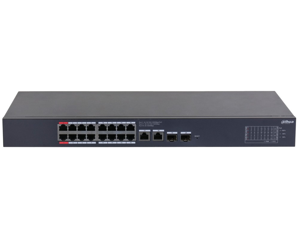 Switch Dahua CS4220-16GT-135, 20 porturi, 16x PoE, 2x RJ45 Gb uplink, 2x SFP Gb uplink, 135W, management, Watchdog, montare in rack