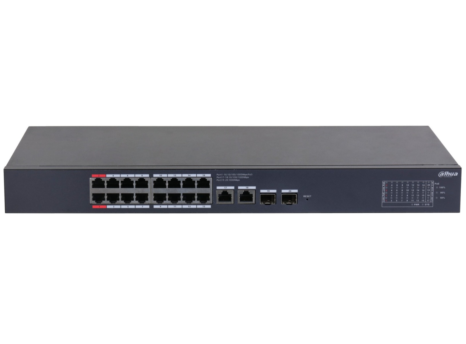 Switch Dahua CS4220-16GT-240, 20 porturi, 16x PoE Gb, 2x RJ45 Gb, 2x SFP Gb, 240 W, cu management, Watchdog