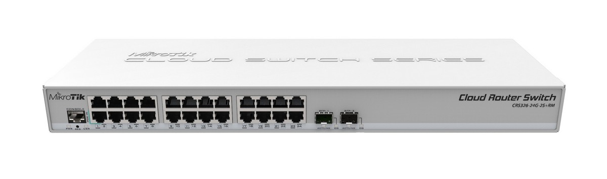 Switch 24 porturi Gigabit MikroTik CRS326-24G-2S+RM, 2 porturi SFP+, RAM 512GB, 24W