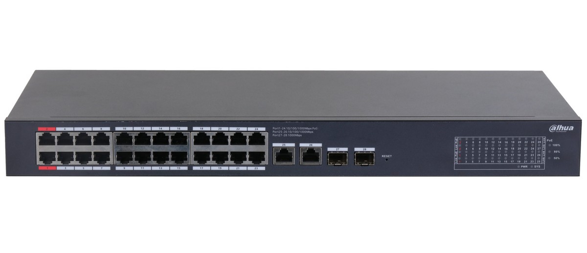 Switch 28 porturi Dahua, 24x PoE, 2x SFP, 2x RJ-45 Uplink, max 375W, Watchdog, management prin cloud, CS4228-24GT-375