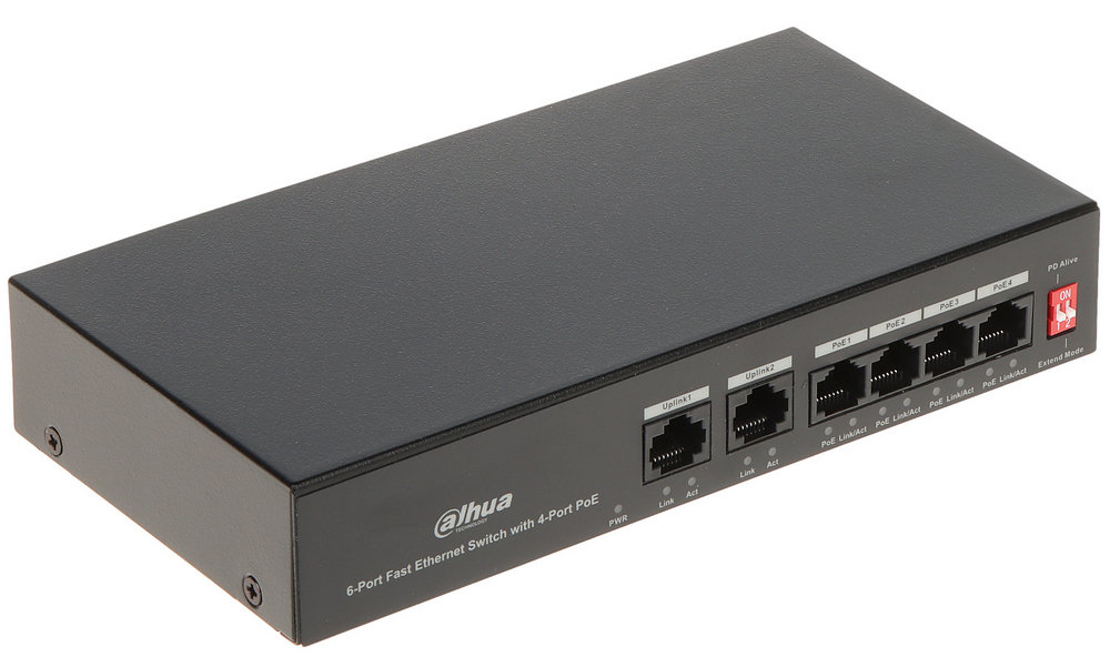 Switch Dahua Eco Series PFS3006-4ET-36, 6 porturi, 4x PoE 10/100Mbps, 2x uplink 10/100Mbps, 36W, Watchdog