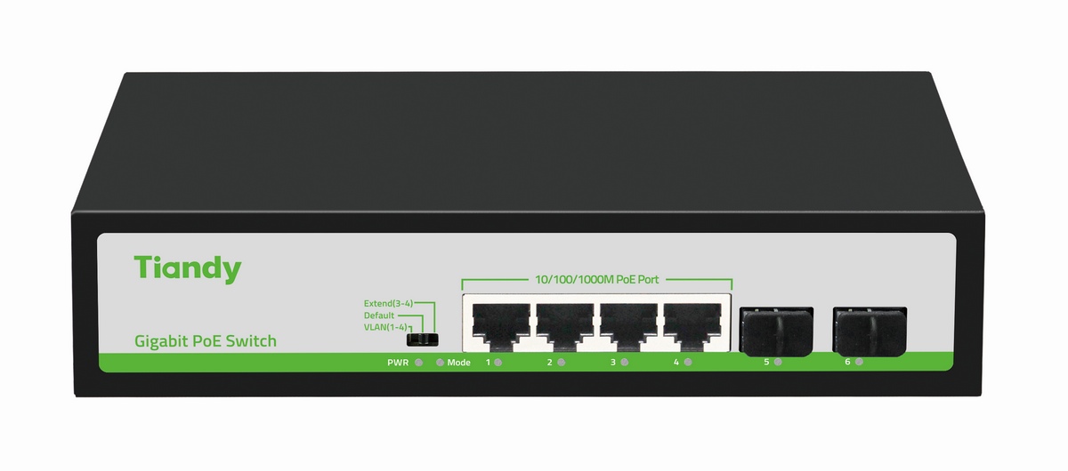 Switch 6 porturi Tiandy TC-P3S06-H0402AT60, 4 porturi PoE, 2 porturi SFP, putere PoE 60W, 12Gbps