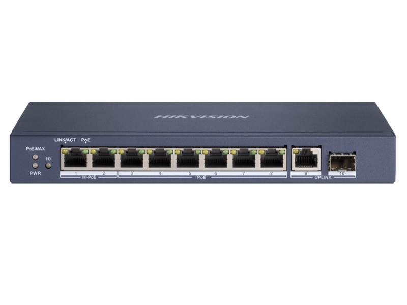 Switch 10 porturi, Hikvision DS-3E0510HP-E, 6x Poe Gb, 2x Hi-PoE Gb, 1x RJ45 Gb, 1x SFP, pana la 120W, Watchdog
