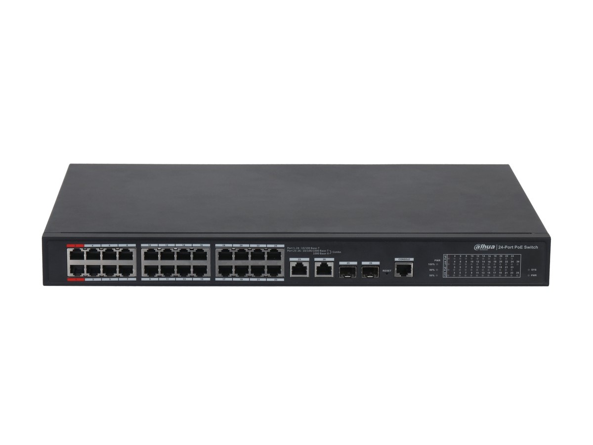 Switch 29 porturi, Dahua PFS4226-24ET-360-V3, 24x Rj45 PoE 2.0, 2x RJ45 Gb uplink, 2x SFP Gb uplink, 1x consola, 360W, Watchdog, cu management