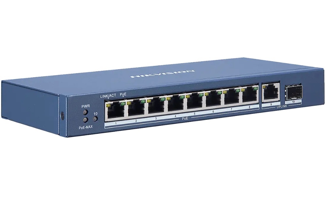 Switch cu 8 Porturi PoE Gigabit Hikvision, pana la 110W total, pana la 30W/port, 1x LAN, 1X SFP, L2,  DS-3E0510P-E