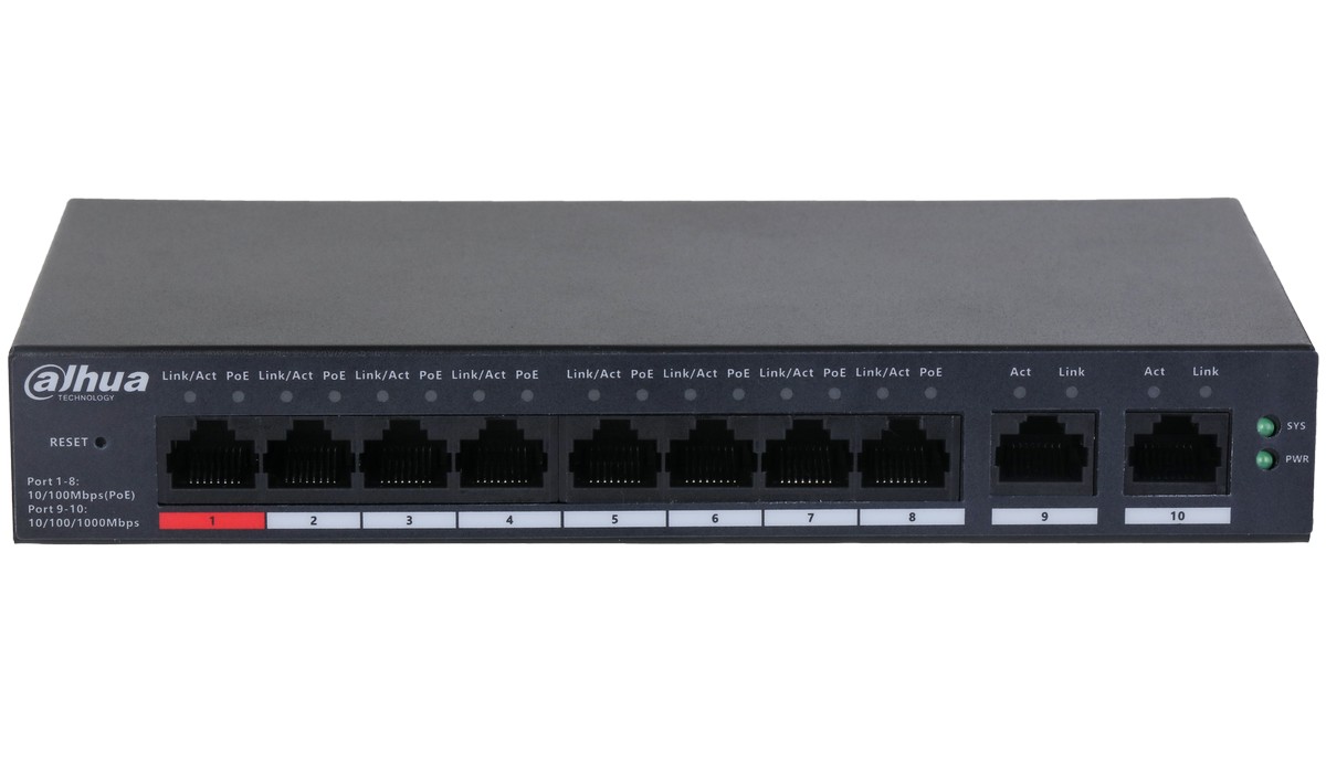 Switch Dahua cu management, 8x porturi PoE 10/100 Mbps si 2x RJ-45 10/100/1000 Mbps (uplink), CS4010‑8GT‑110