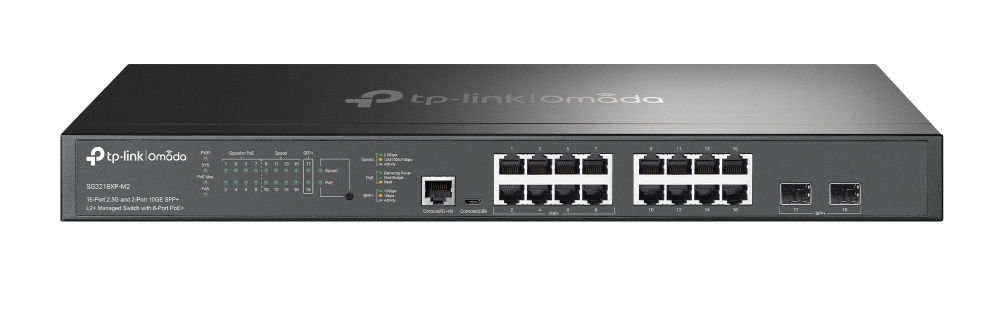 Switch Omada Tp-Link SG3218XP-M2, 16 porturi 2.5G, 8 porturi PoE, 2 porturi SFP+, Buget PoE 240W, Management in Cloud