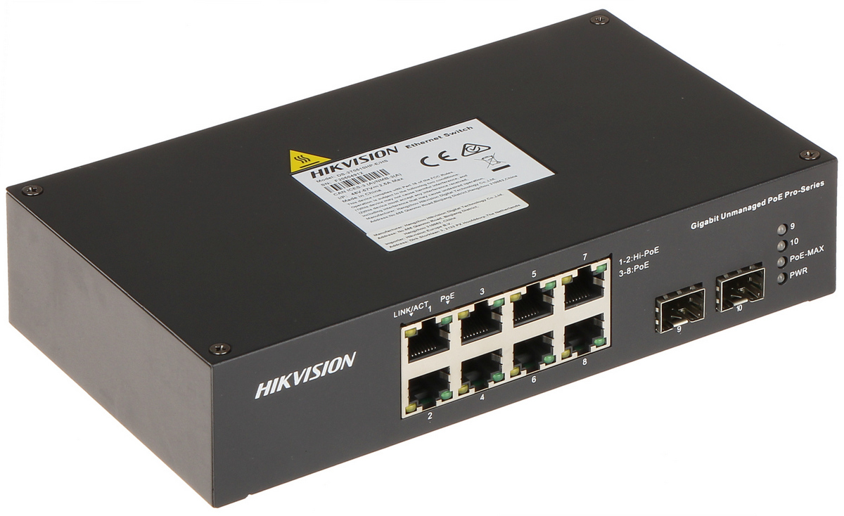Switch  PoE cu 8 + 2 Porturi, 110W, Hikvision, Hi-PoE max 90W/Port, Gigabit, SFP DS-3T0510HP-E/HS