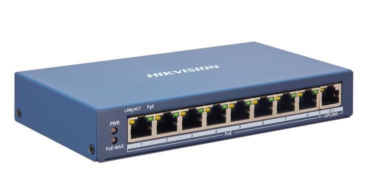 Switch PoE 8 Porturi Hikvision DS-3E1309P-EI, AF AT, 110W, 30W/Port, 1x Uplink Gigabit, 8x PoE 100 Mbps