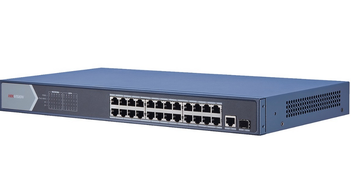 Switch PoE 26 de porturi, Hikvision DS-3E0526P-E, 24x PoE Gigabit, 1x Rj45 Gigabit, 1x SFP Gigabit, 370 W, carcasa metalica