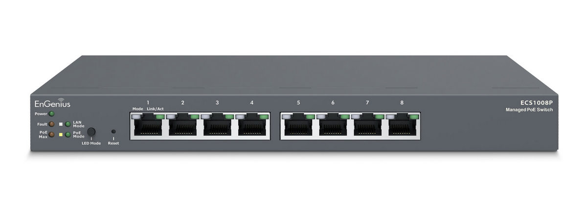 Switch PoE cu management prin cloud, 8x porturi Gigabit PoE+, 55W, 16Gbps, EnGenius ECS1008P