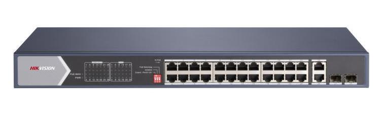 Switch PoE Hikvision DS-3E0528HP-E, 24 porturi Gigabit, 2x SFP, 2x uplink RJ45, 90W, protectie 6kV