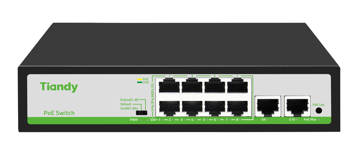Switch PoE Tiandy TC-P3S010-H0820AT90, 8 porturi PoE, 2 porturi RJ45, 90W, 5.6Gbps, protectie supratensiune