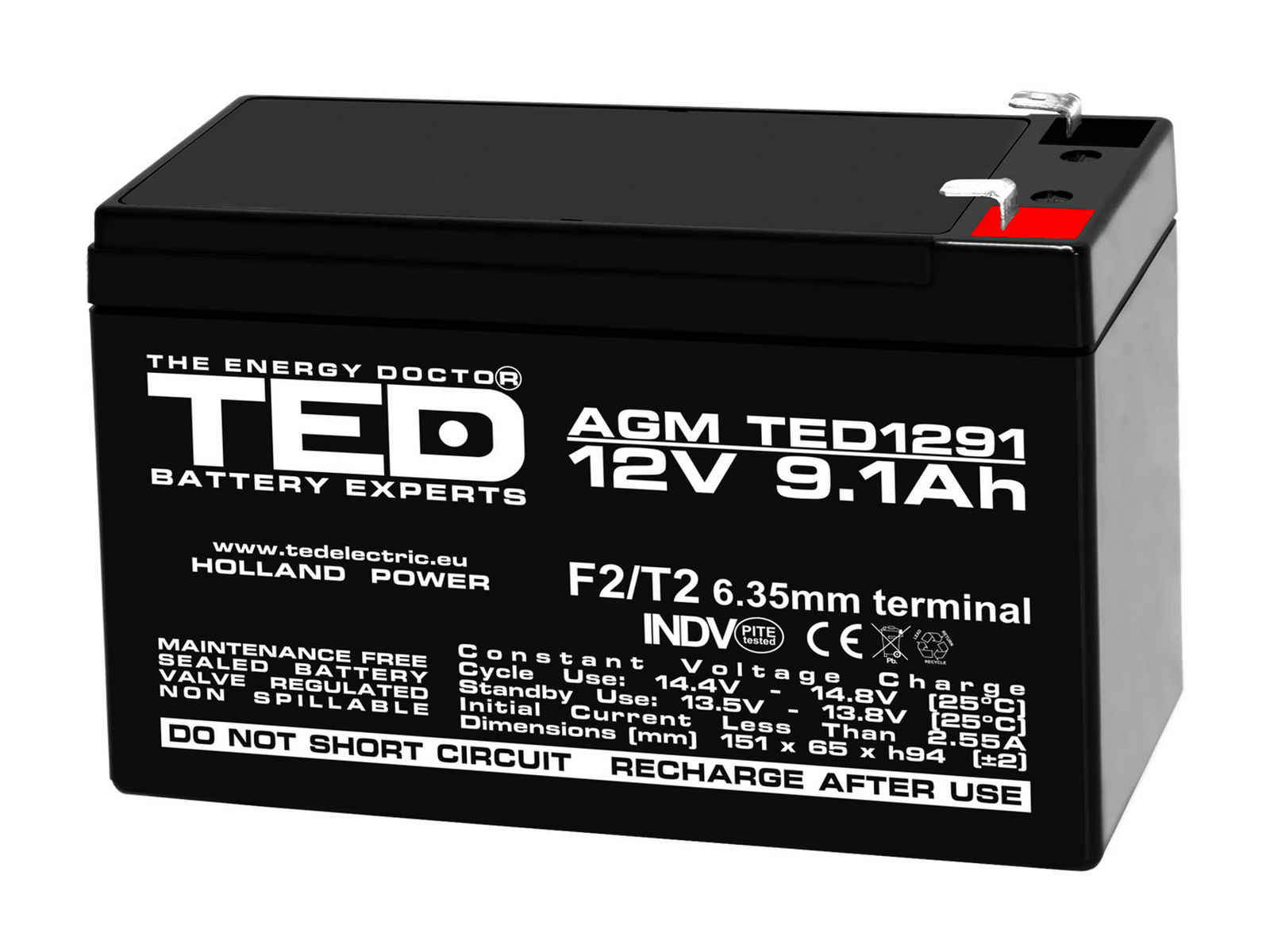 Acumulator TED1291, 12V, 9.1Ah, terminal F2, T2, tehnologie VRLA AGM