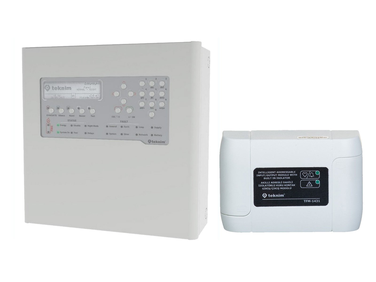 Kit Centrala detectie incendiu adresabila, 2 bucle, 72 zone, 480 dispozitive si modul adresabil inteligent I/0, Teknim TFP-2212+TFM-1431
