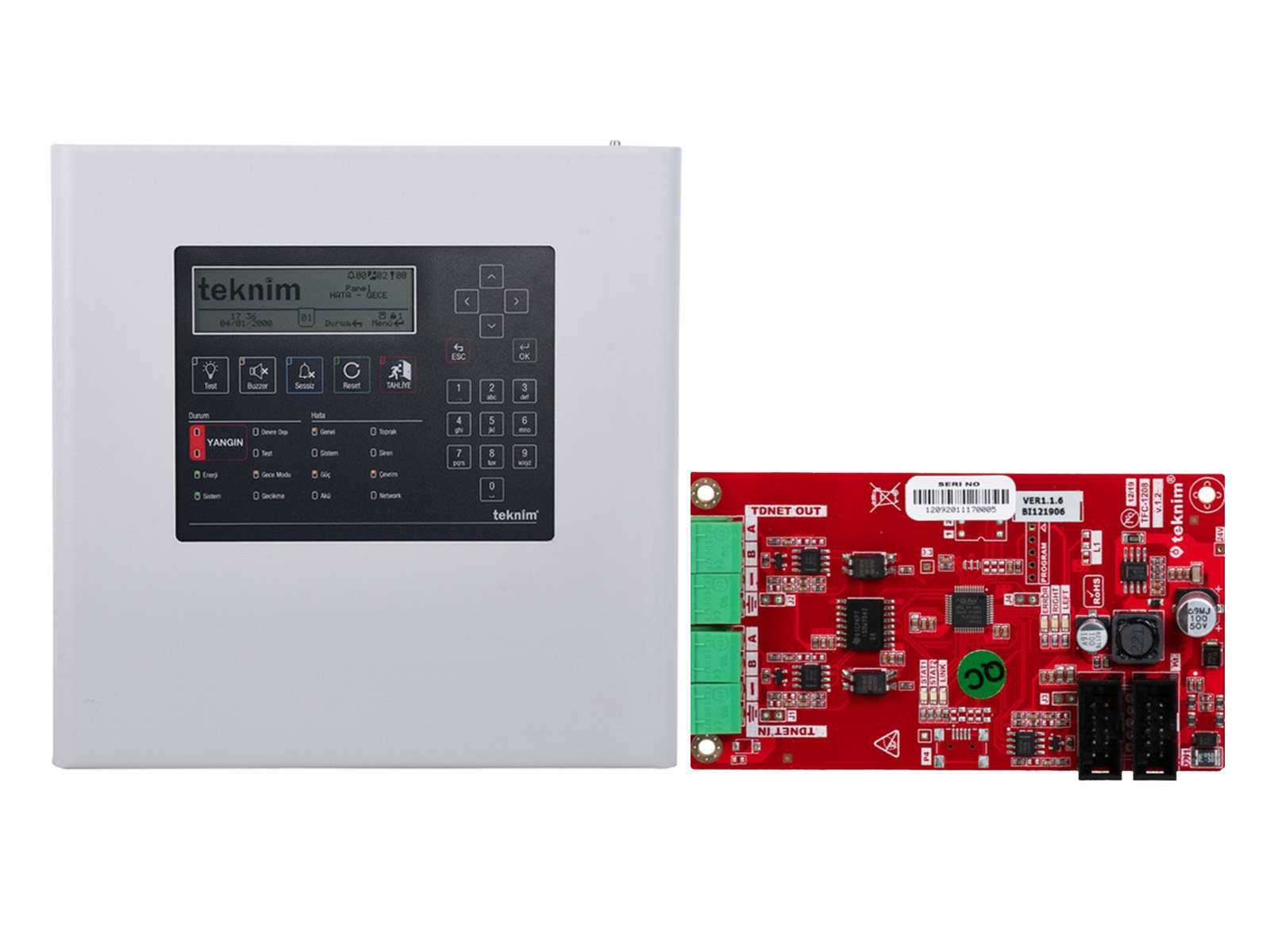 Kit Centrala detectie incendiu adresabila, 4 bucle, 74 zone, 508 dispozitive si modul de comunicare RS485, Teknim TFP-2214+TFC-1209