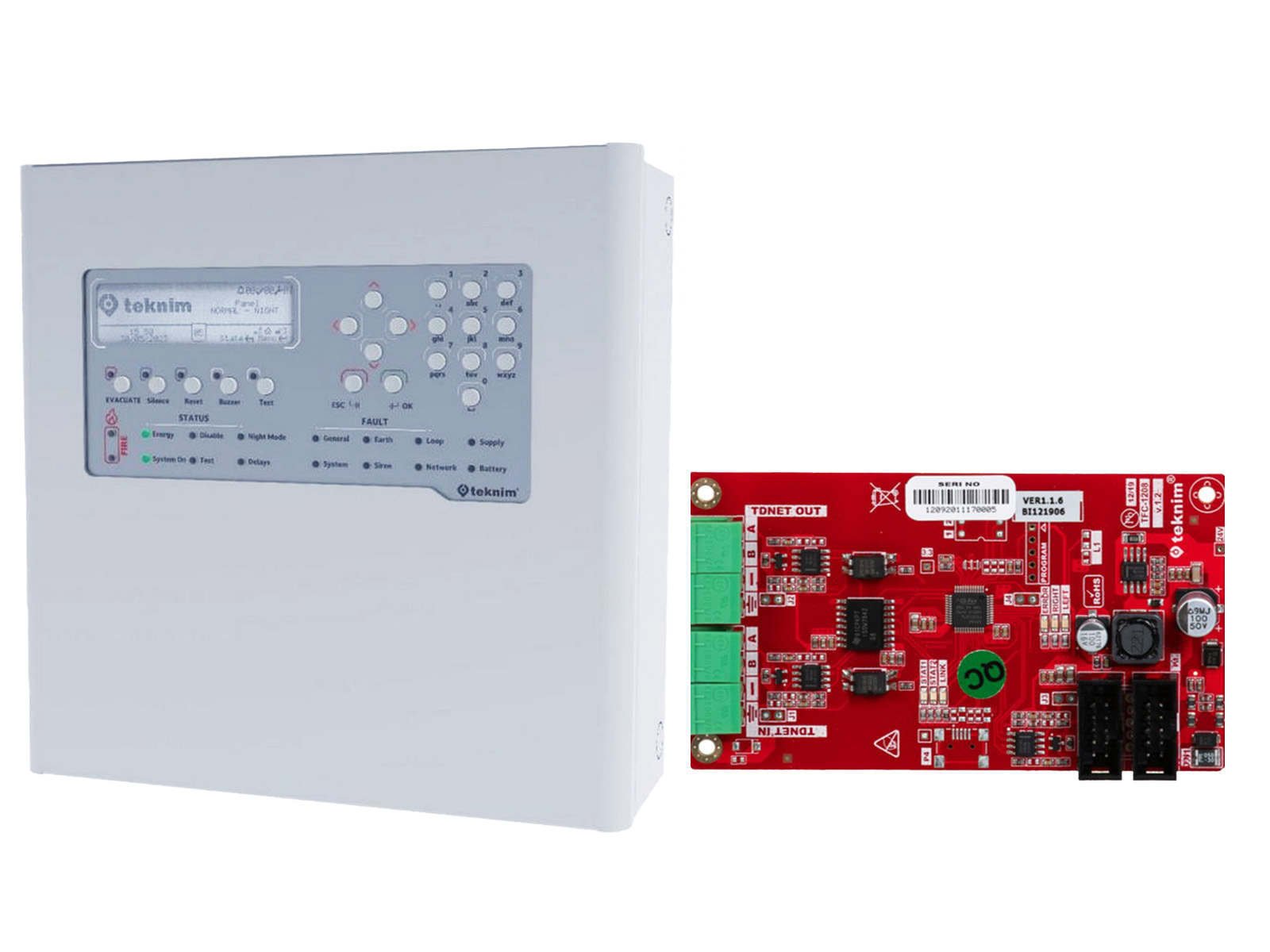 Kit centrala detectie incendiu adresabila, 4 bucle, 72 zone si modul de comunicare RS485, Teknim TFP-2214+TFC-1209
