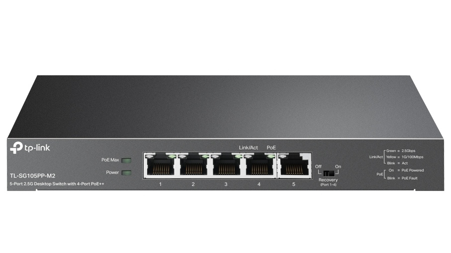 Switch 5 porturi Gigabit RJ45, Tp-Link TL-SG105PP-M2, 4x porturi PoE++, 123W, capacitate 25Gbps, plug and play