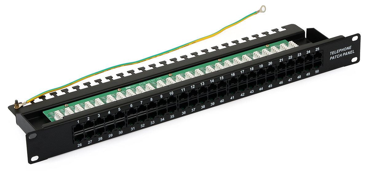 Patch Panel telefonic 1U, 50 porturi 8P4C, cu suport pentru cablu, montaj rack 19
